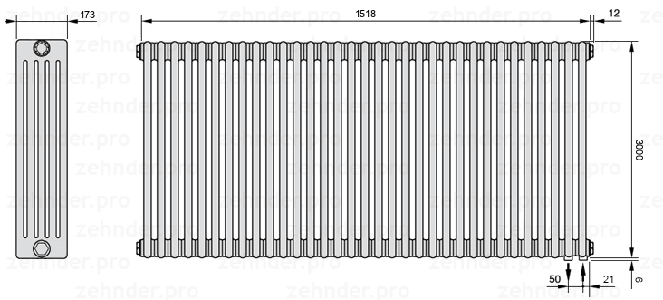 Схема (чертеж) Радиатор Zehnder Charleston 5300/33 №5510 Белый глянцевый RAL 9016